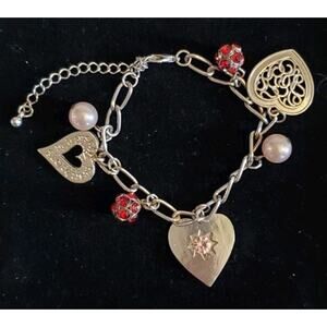 6.5 Inch Silver Heart Rhinestone Faux Pearl Sweetheart Bracelet 3 Inch Extender